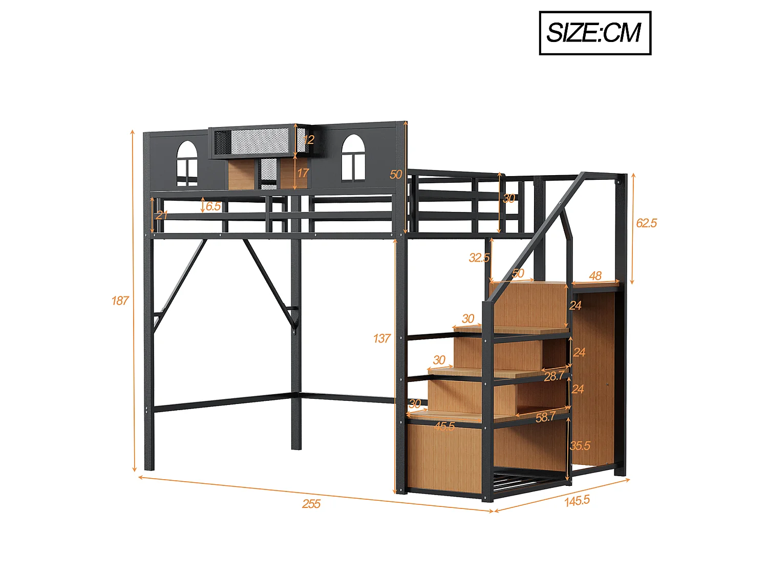 Lit mezzanine 140 x 200 cm, avec échelle de rangement et bande lumineuse, compartiments de rangement, fenêtre, métal, noir