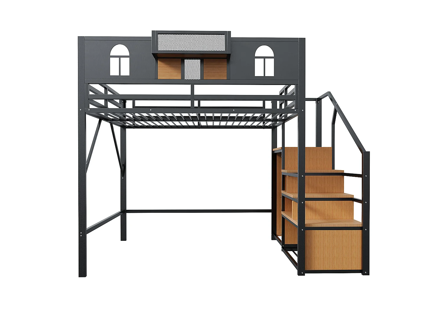 Lit mezzanine 140 x 200 cm, avec échelle de rangement et bande lumineuse, compartiments de rangement, fenêtre, métal, noir