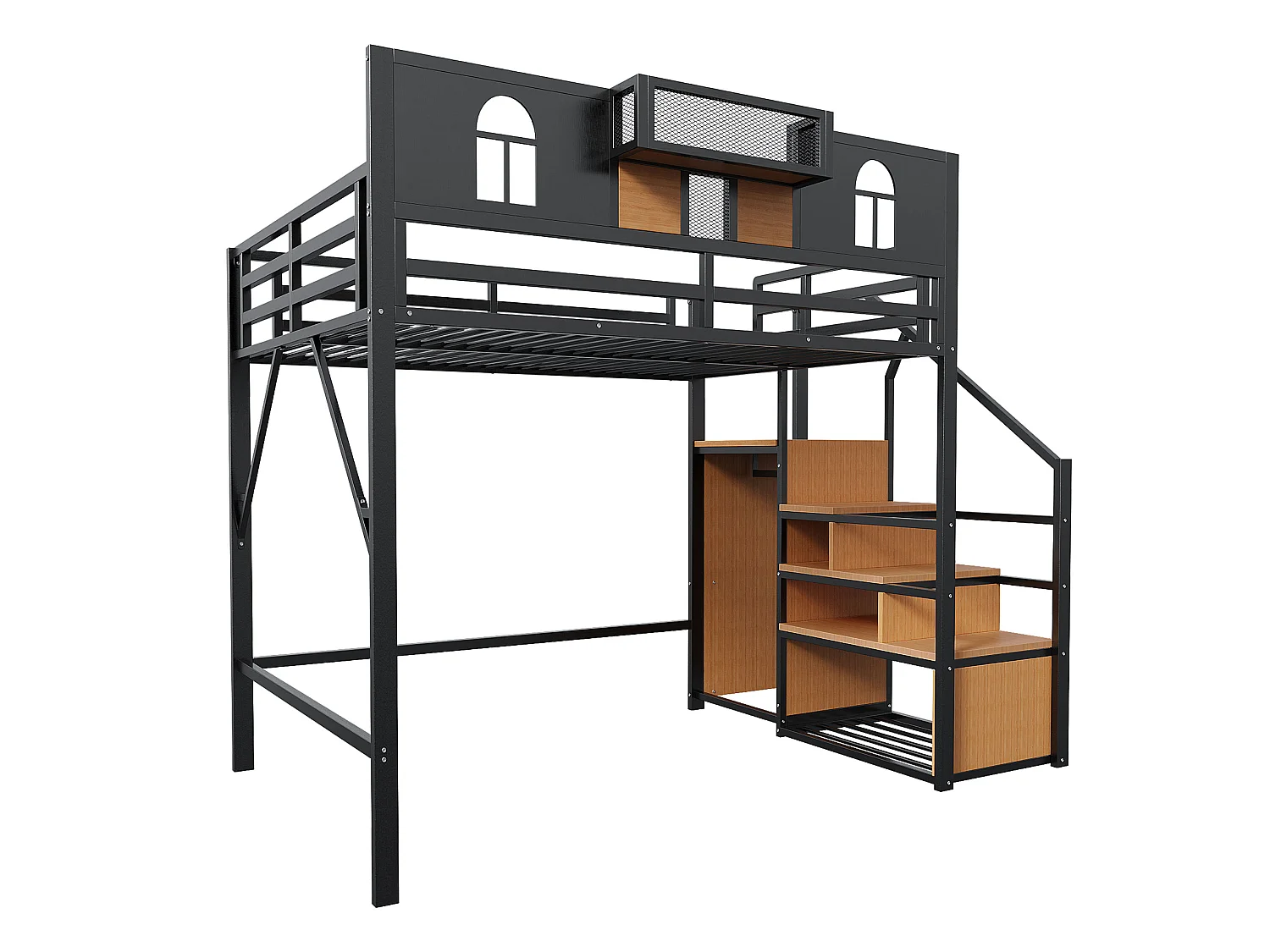 Lit mezzanine 140 x 200 cm, avec échelle de rangement et bande lumineuse, compartiments de rangement, fenêtre, métal, noir