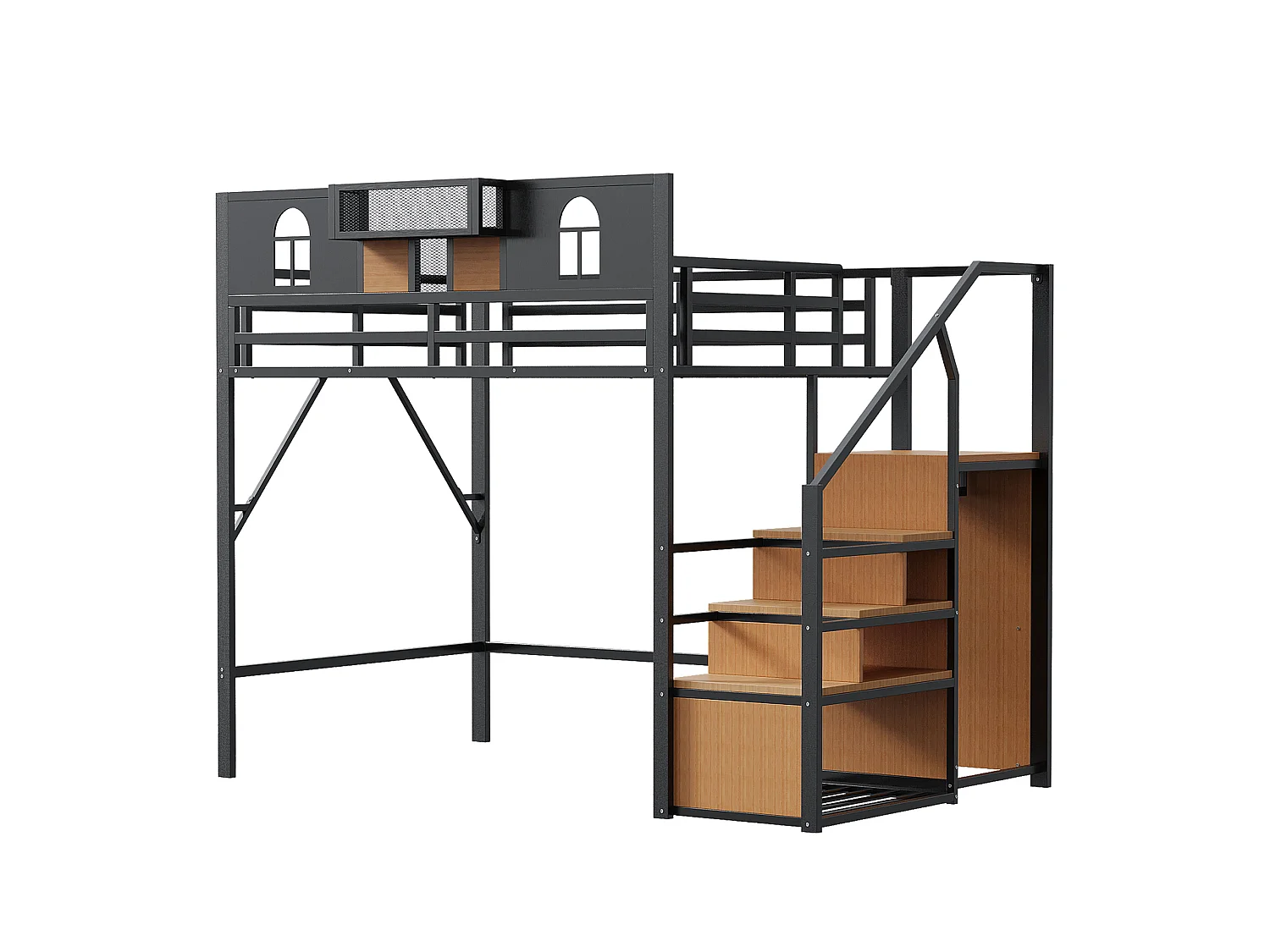 Lit mezzanine 140 x 200 cm, avec échelle de rangement et bande lumineuse, compartiments de rangement, fenêtre, métal, noir