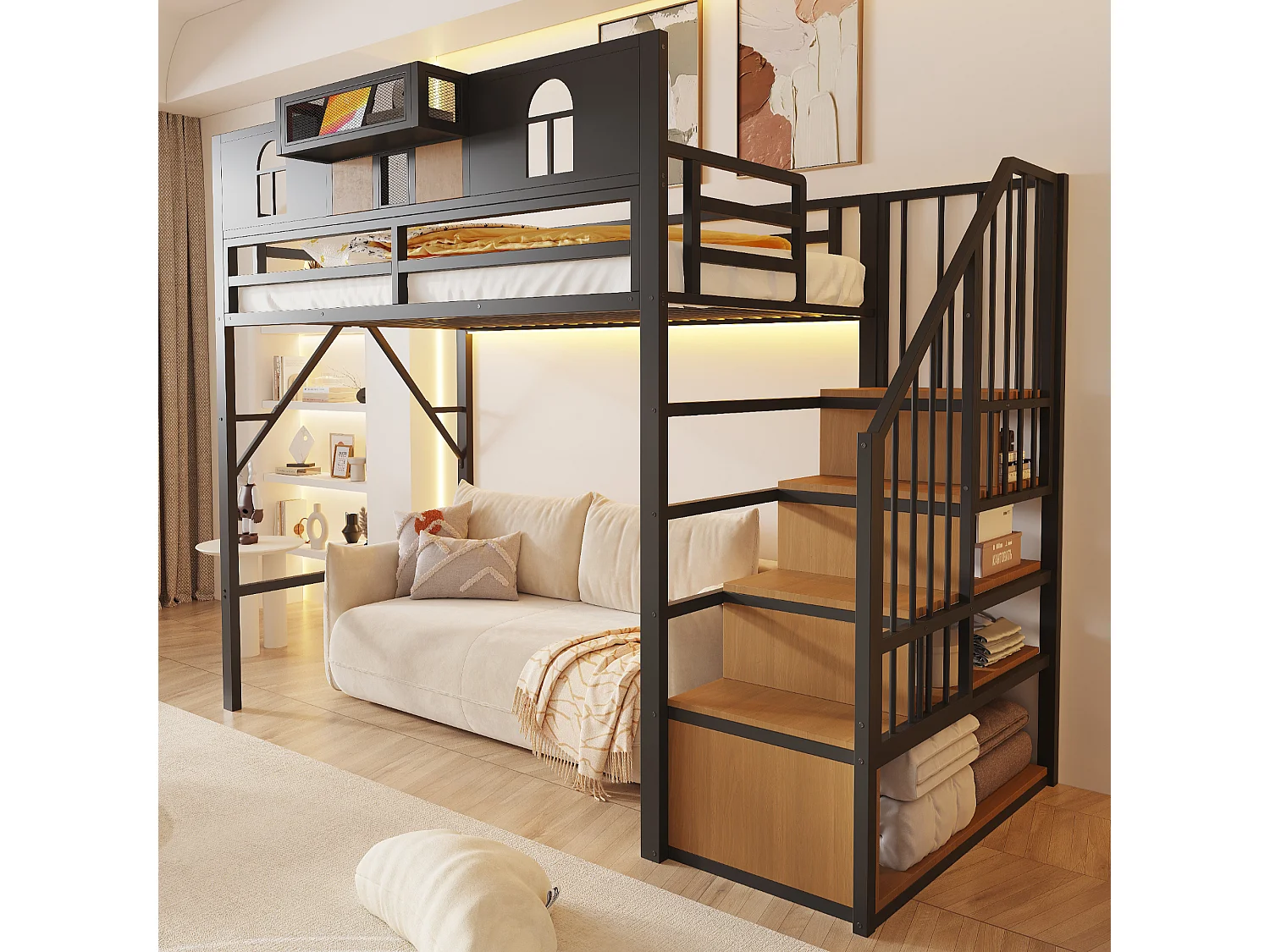 Lit mezzanine 90 x 200 cm, avec échelle de rangement et bande lumineuse, compartiments de rangement, fenêtre, métal, noir