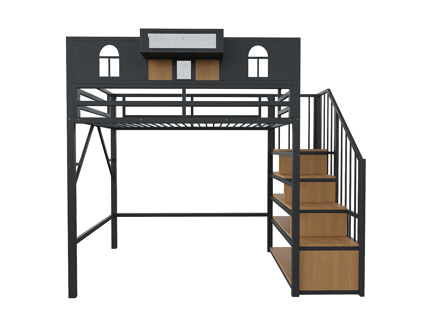 Lit mezzanine 90 x 200 cm, avec échelle de rangement et bande lumineuse, compartiments de rangement, fenêtre, métal, noir