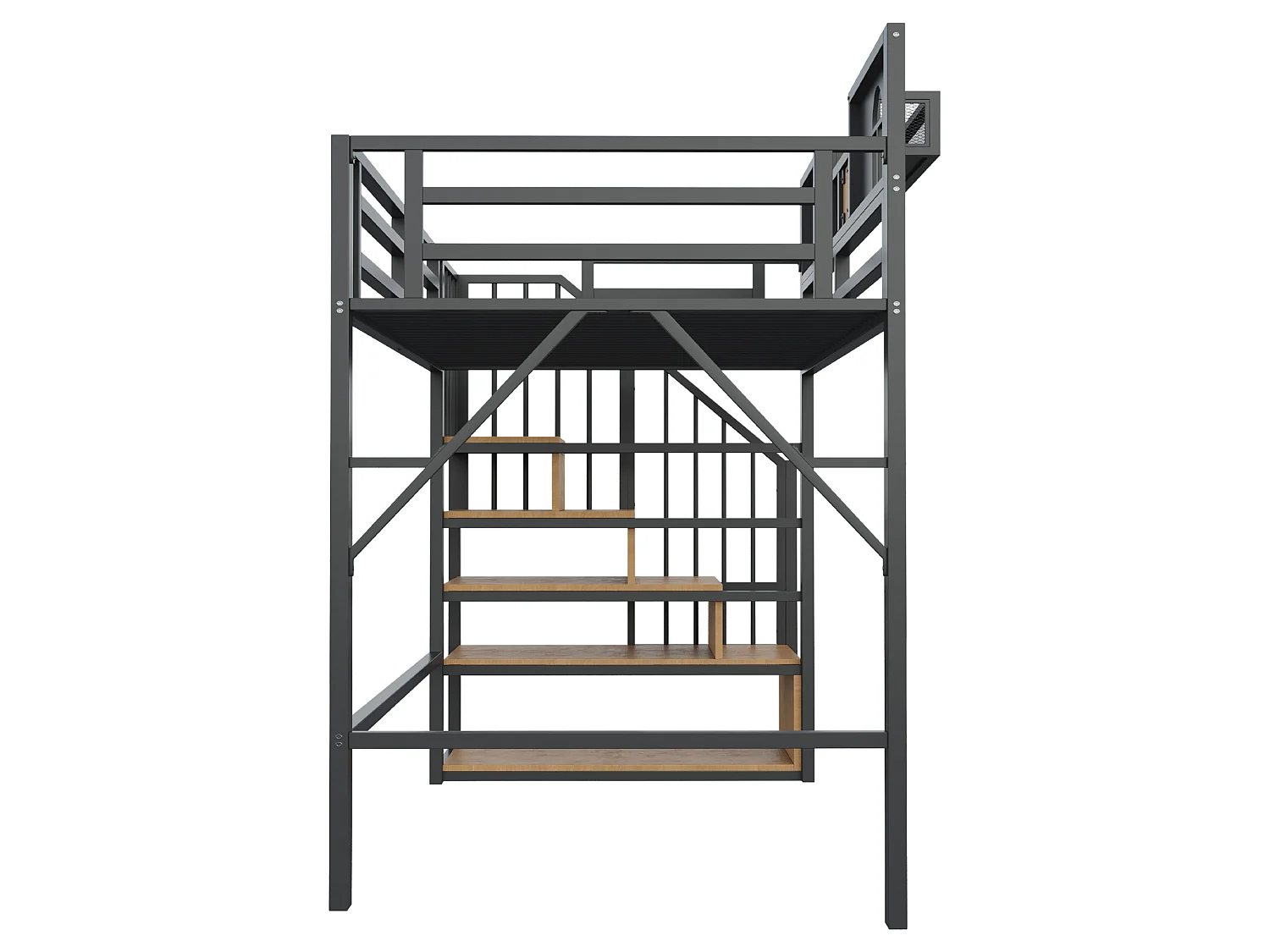 Lit mezzanine 90 x 200 cm, avec échelle de rangement et bande lumineuse, compartiments de rangement, fenêtre, métal, noir