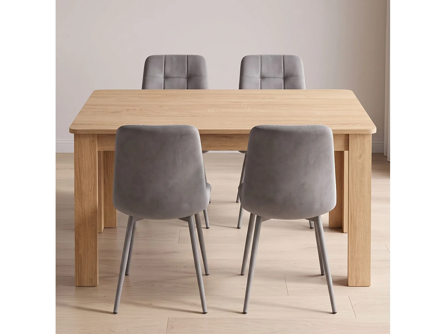 Dining Set with Oak Effect Table and 4 Grey Nova Velvet Chairs 4 Seater for Kitchen