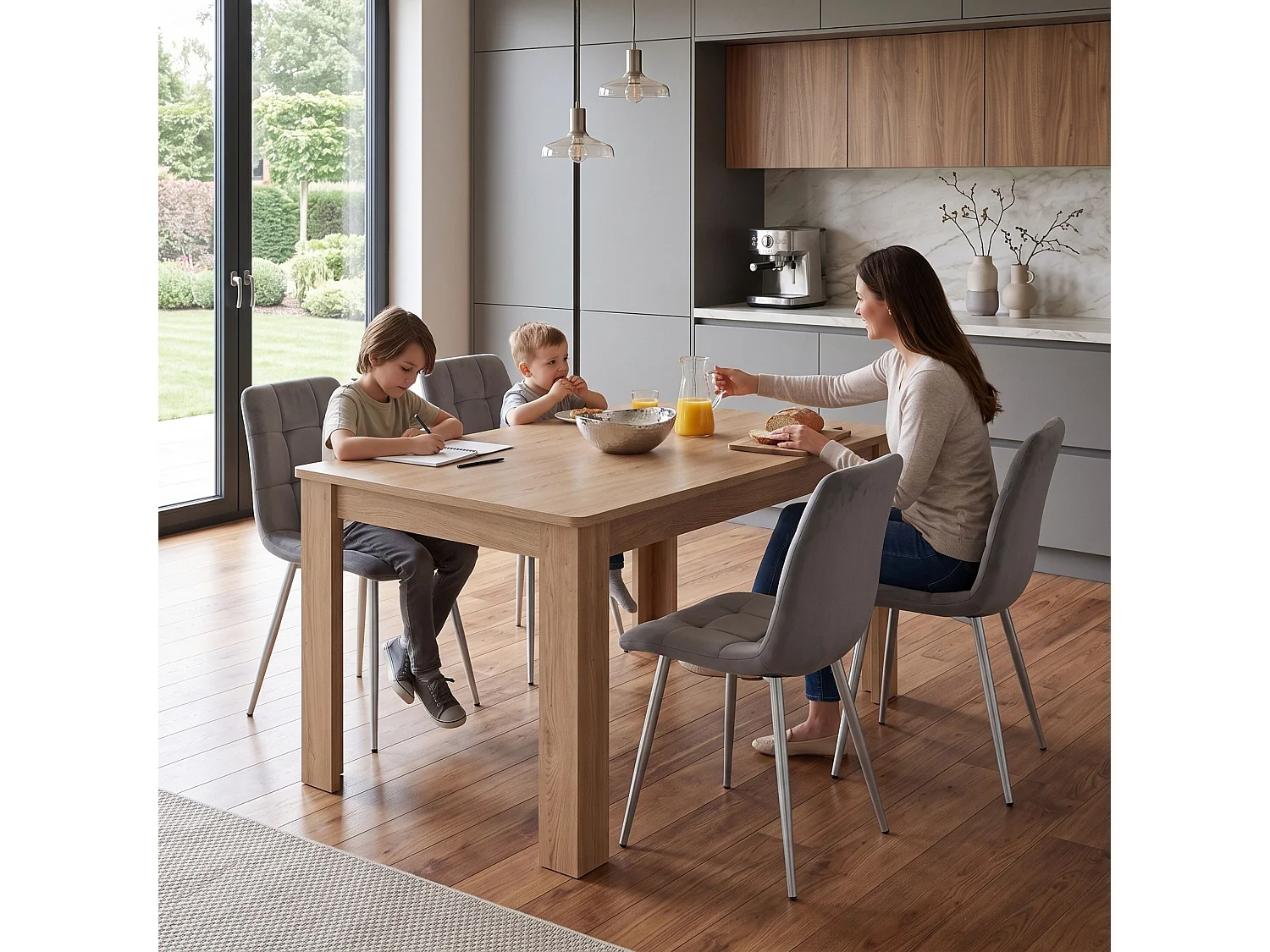 Dining Set with Oak Effect Table and 4 Grey Nova Velvet Chairs 4 Seater for Kitchen