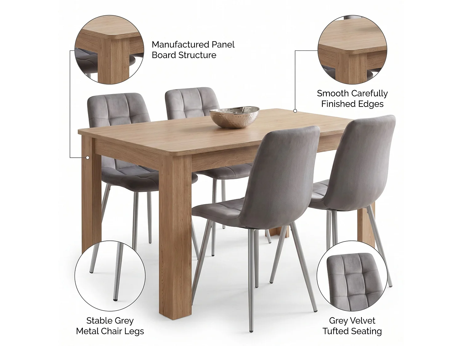Dining Set with Oak Effect Table and 4 Grey Nova Velvet Chairs 4 Seater for Kitchen