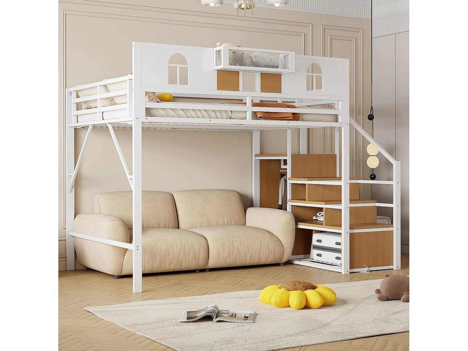 Lit mezzanine 140 x 200 cm, avec échelle de rangement et bande lumineuse, compartiments de rangement, fenêtre, métal, blanc