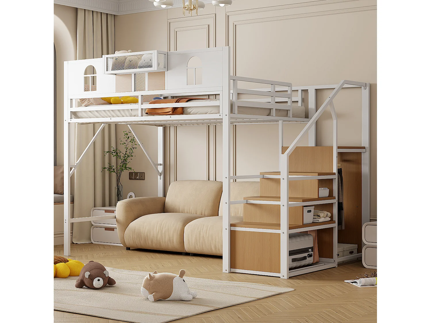 Lit mezzanine 140 x 200 cm, avec échelle de rangement et bande lumineuse, compartiments de rangement, fenêtre, métal, blanc