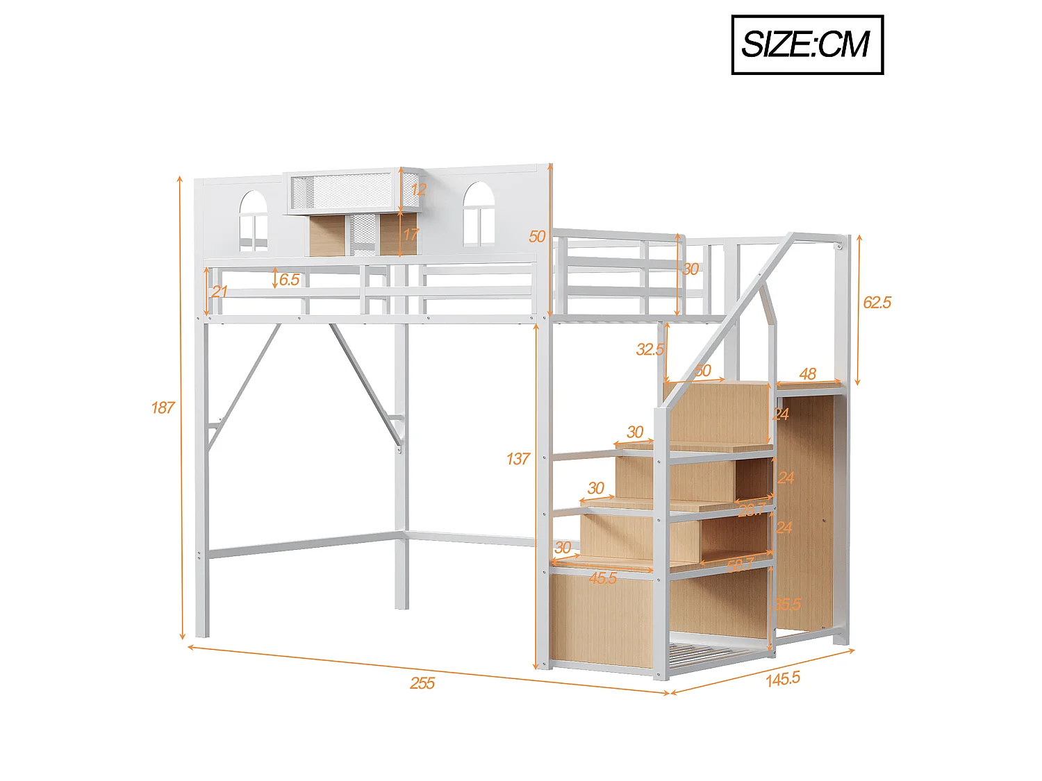 Lit mezzanine 140 x 200 cm, avec échelle de rangement et bande lumineuse, compartiments de rangement, fenêtre, métal, blanc