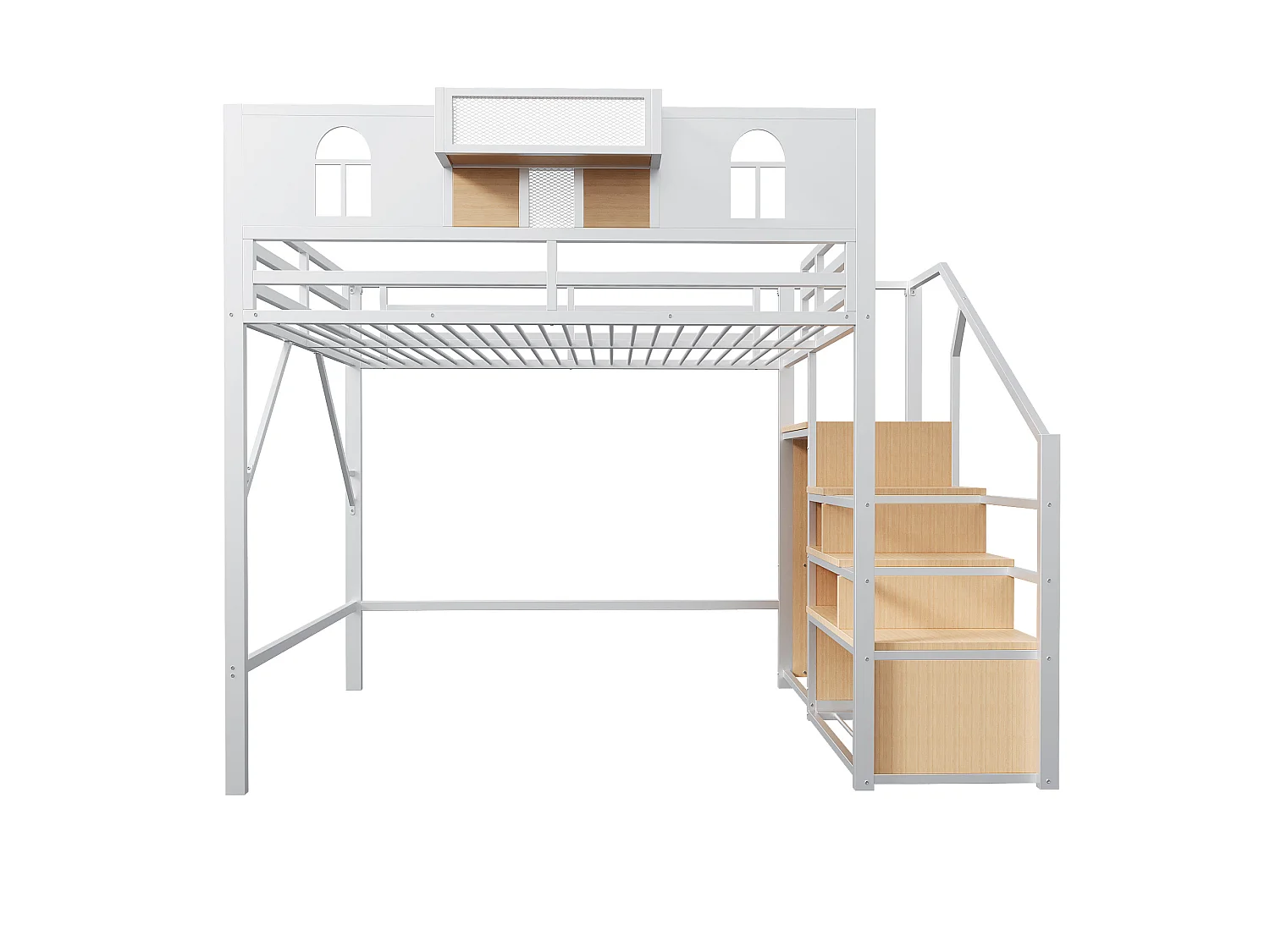 Lit mezzanine 140 x 200 cm, avec échelle de rangement et bande lumineuse, compartiments de rangement, fenêtre, métal, blanc