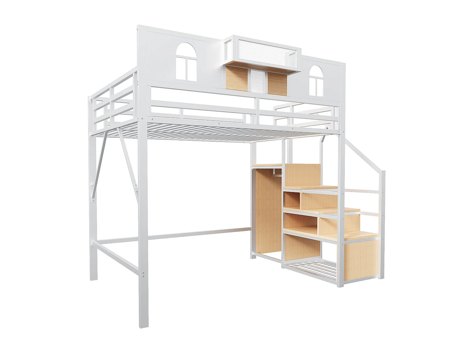 Lit mezzanine 140 x 200 cm, avec échelle de rangement et bande lumineuse, compartiments de rangement, fenêtre, métal, blanc