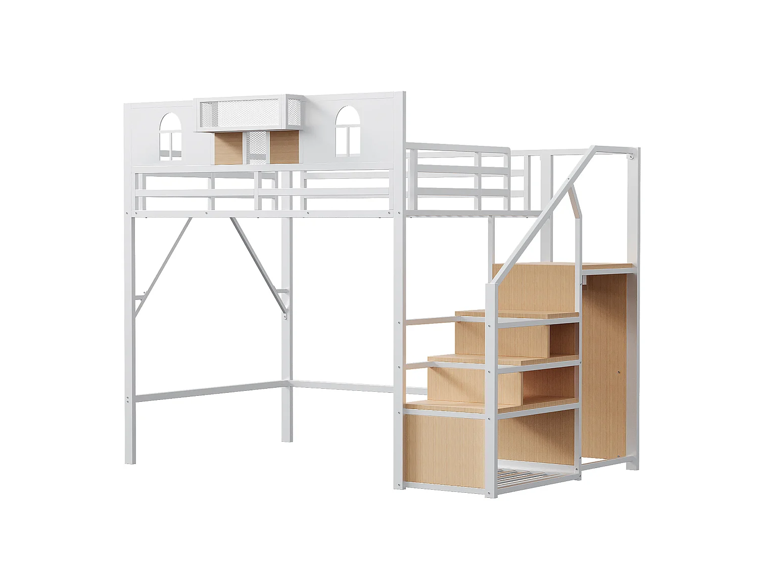 Lit mezzanine 140 x 200 cm, avec échelle de rangement et bande lumineuse, compartiments de rangement, fenêtre, métal, blanc