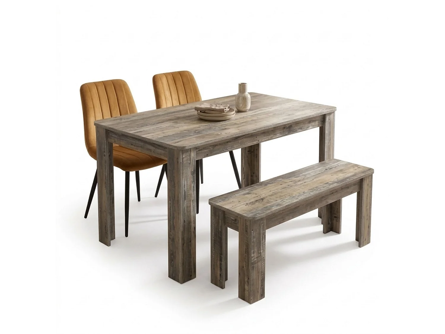 Modern Rustic Dining Table Set with 2 Brown Velvet Chairs and Rustic Bench 4 Seater Dining Room Set
