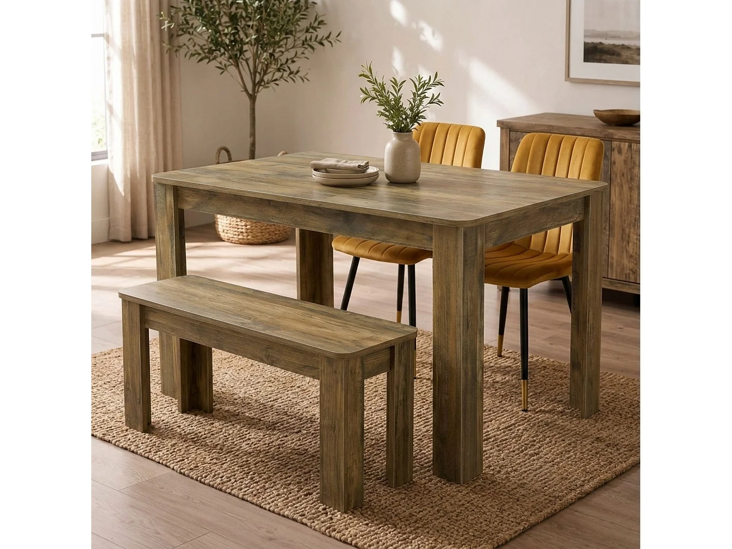 Modern Rustic Dining Table Set with 2 Brown Velvet Chairs and Rustic Bench 4 Seater Dining Room Set