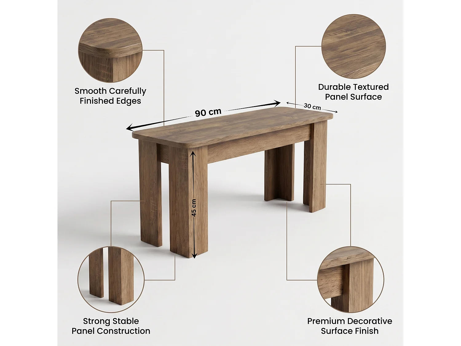 Modern Rustic Dining Table Set with 2 Brown Velvet Chairs and Rustic Bench 4 Seater Dining Room Set