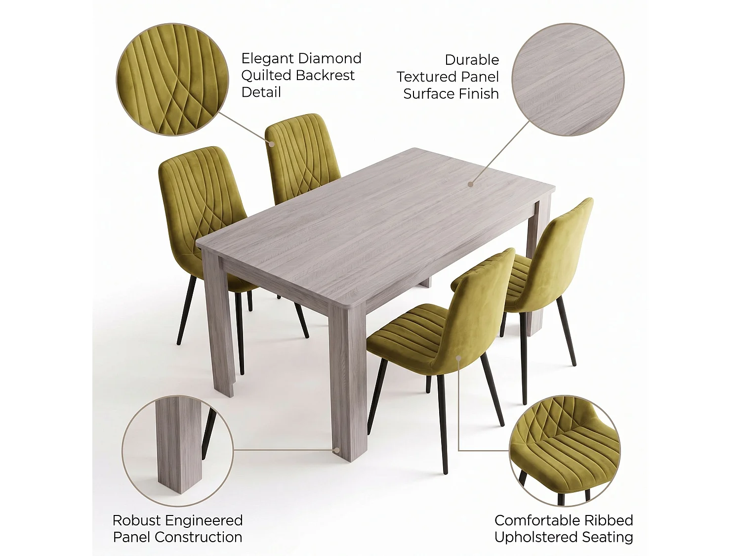 Arrow Grey Dining Table Set with 4 Green Velvet Diamond Chairs 4 Seater Kitchen Dining Set