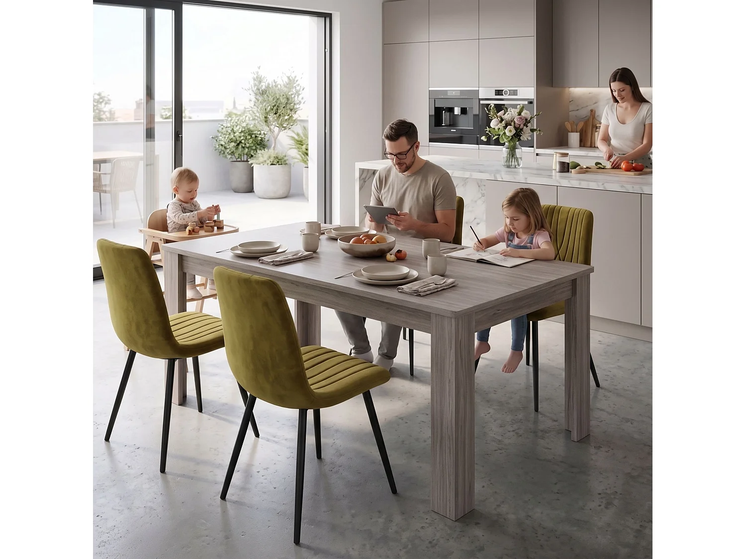 Arrow Grey Dining Table Set with 4 Green Velvet Diamond Chairs 4 Seater Kitchen Dining Set