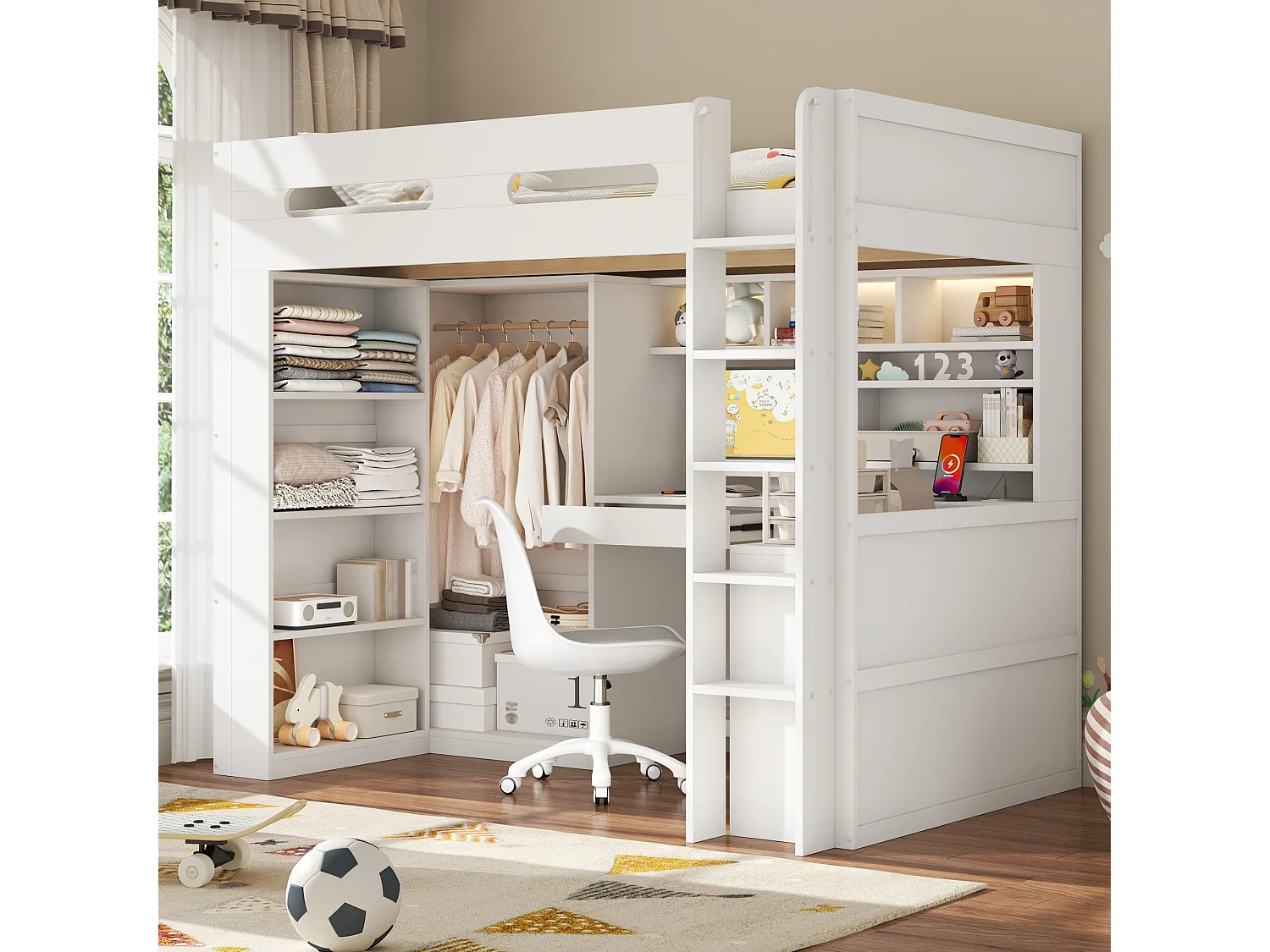 Lit mezzanine pour enfant 90 x 200 cm, avec tiroirs et étagères, armoire, bureau, éclairage LED et port USB, blanc