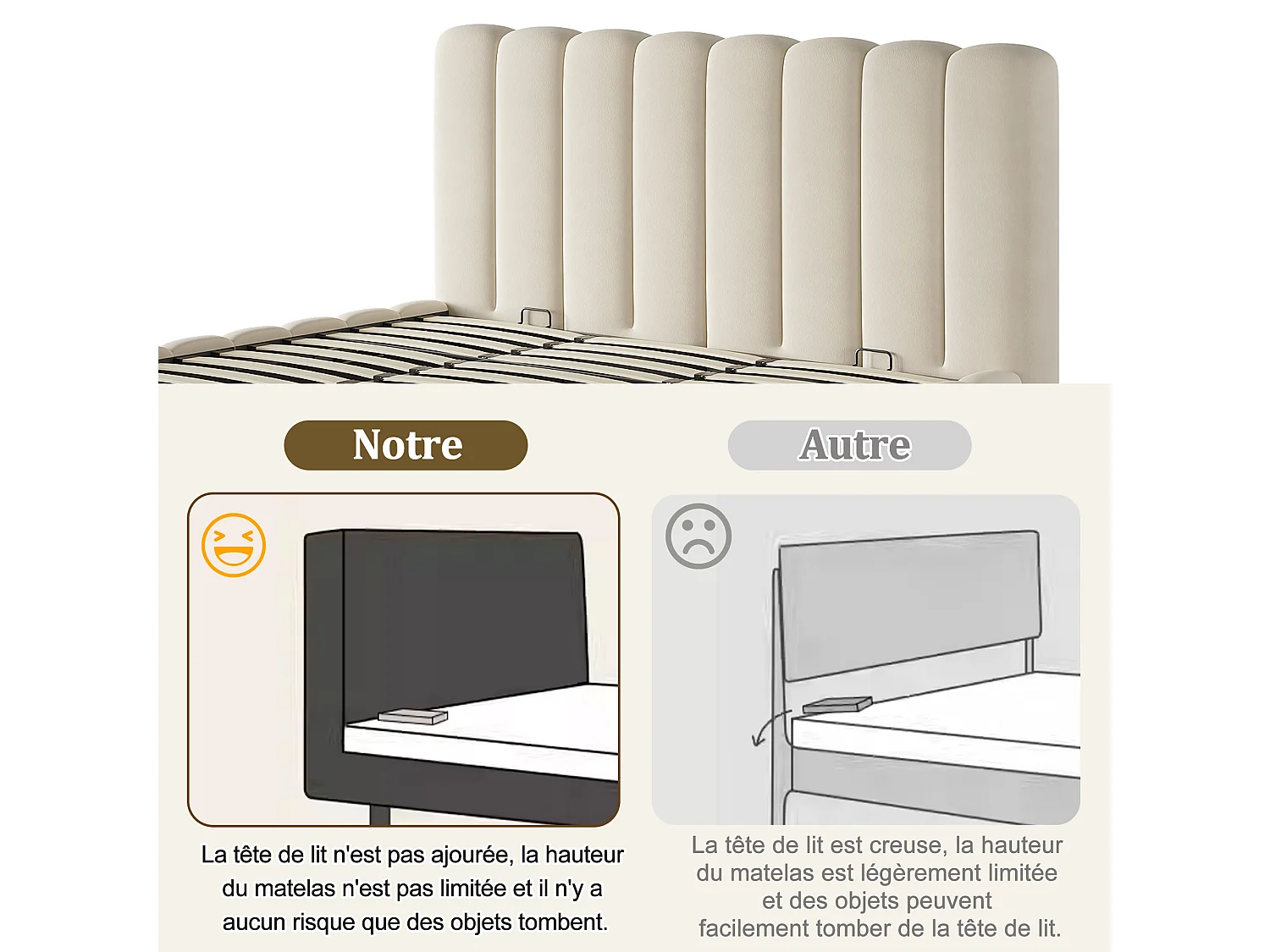 Lit double rembourré, rangement hydraulique, avec sommier et tête de lit, en velours,beige - 180 × 200 cm