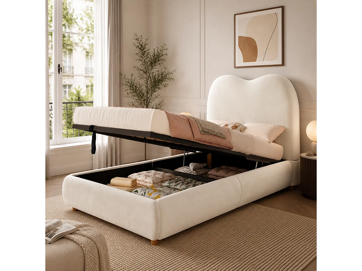 Lit rembourré pour enfant 90 × 200 cm, rangement hydraulique, avec sommier, tête de lit, tête de lit rembourrée, velours, beige