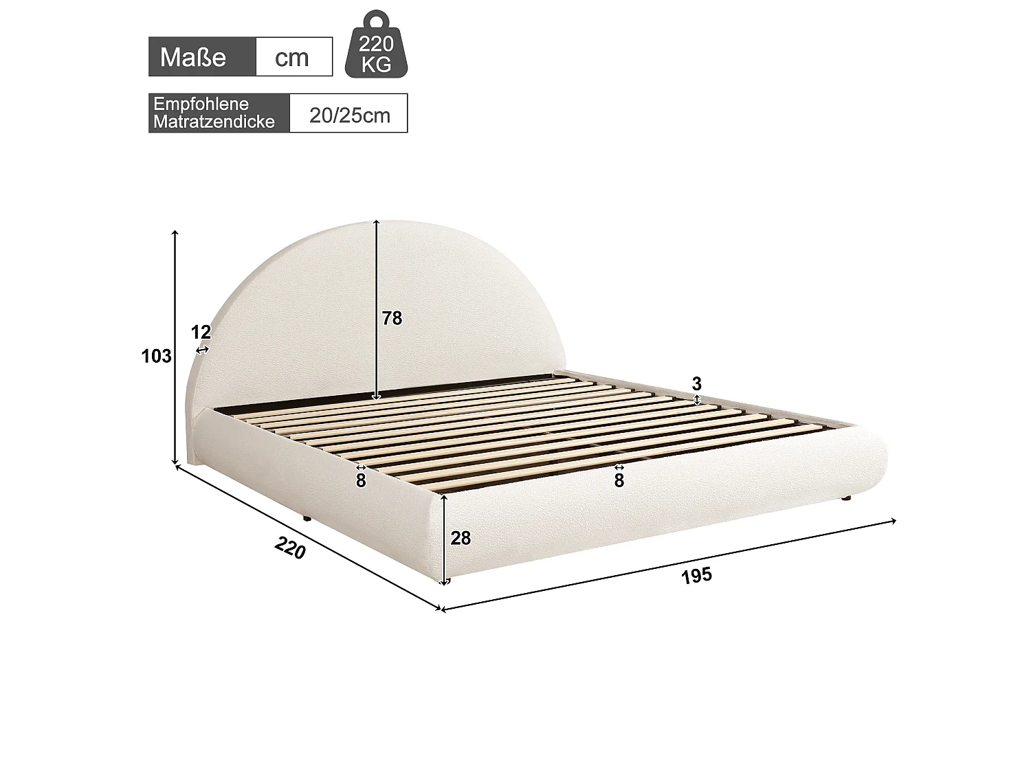 Lit double rembourré, rangement hydraulique, avec sommier et tête de lit, tissu bouclé, blanc - 180 × 200 cm