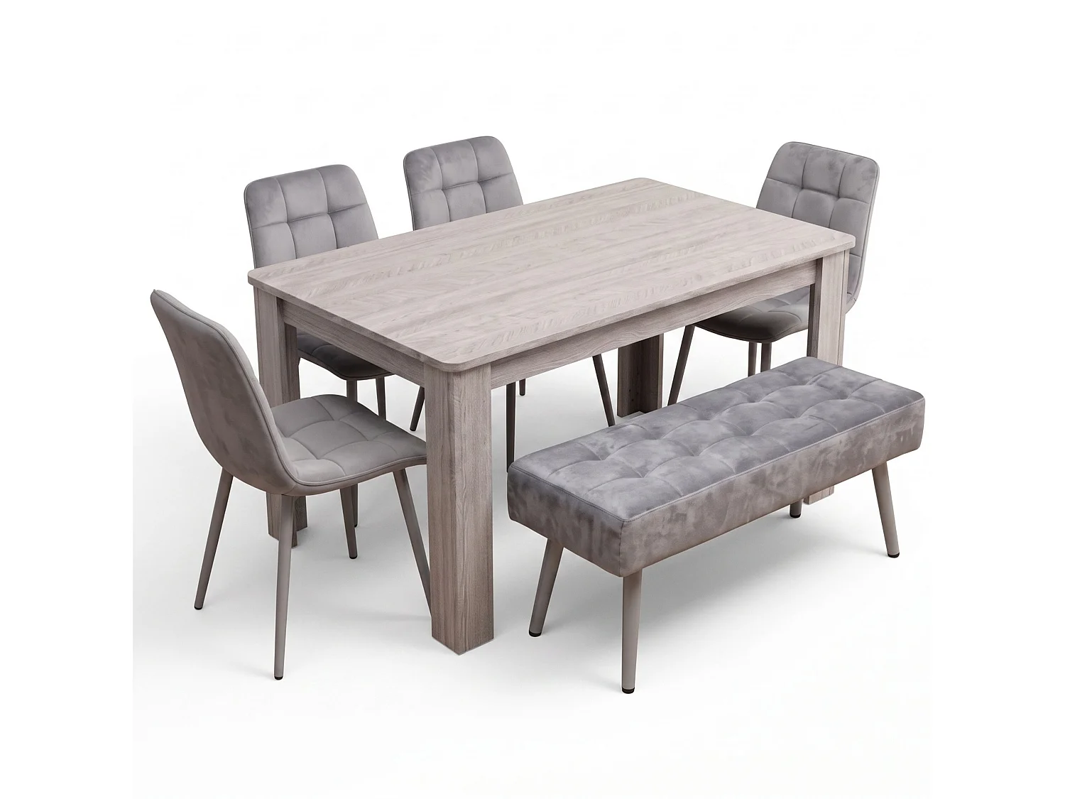 Modern Arrow Grey Dining Table Set with 4 Grey Nova Chairs and Grey Nova Bench 6 Seater for Kitchen