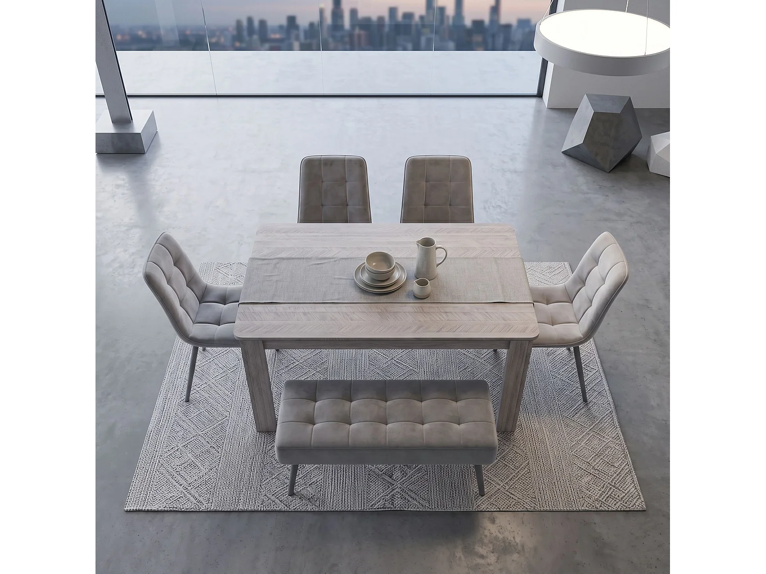 Modern Arrow Grey Dining Table Set with 4 Grey Nova Chairs and Grey Nova Bench 6 Seater for Kitchen