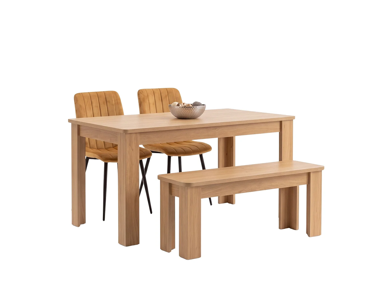Dining Set with Oak Effect Table, 2 Brown Velvet Chairs and Oak Effect Bench 4 Seater
