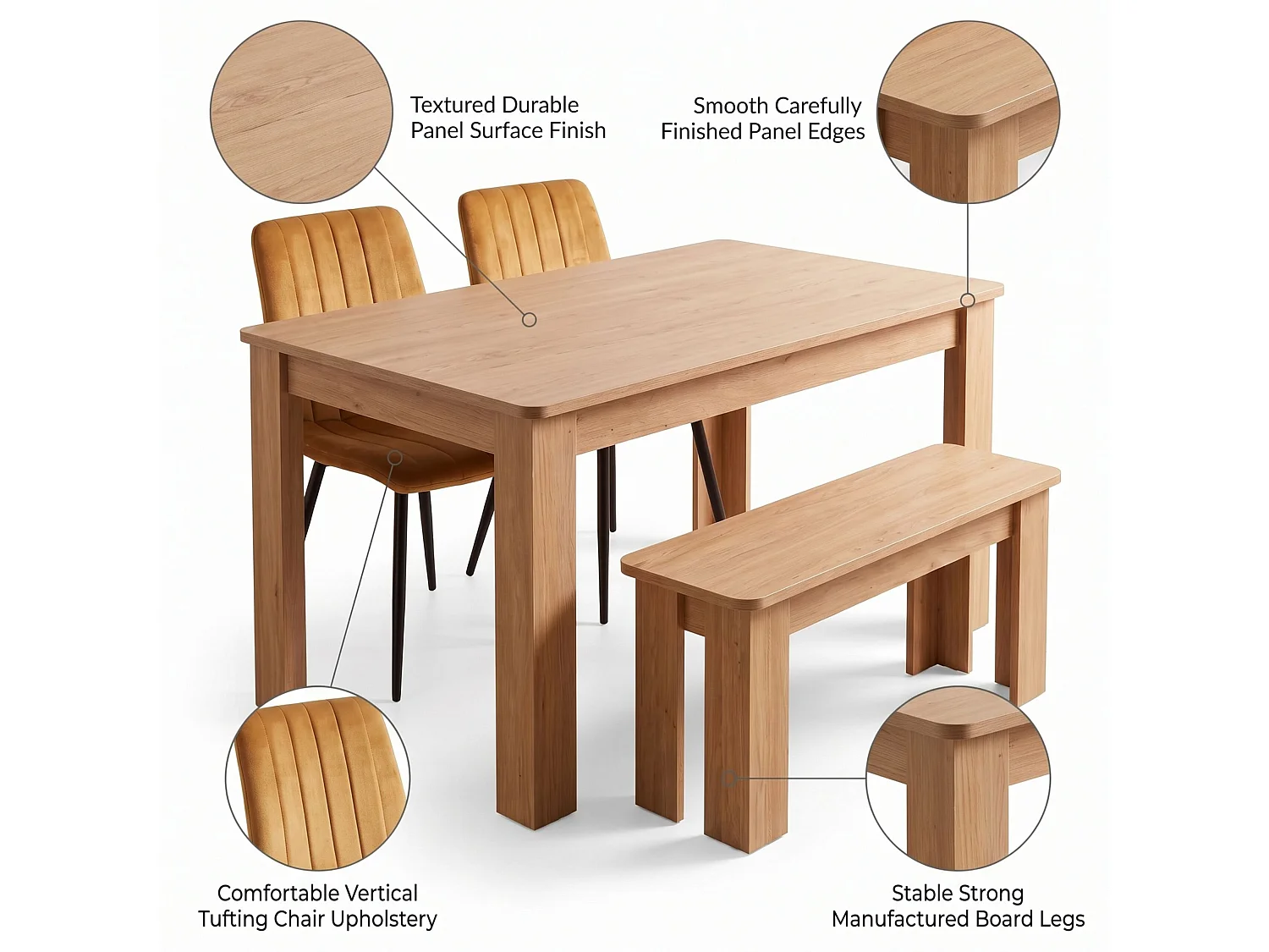 Dining Set with Oak Effect Table, 2 Brown Velvet Chairs and Oak Effect Bench 4 Seater