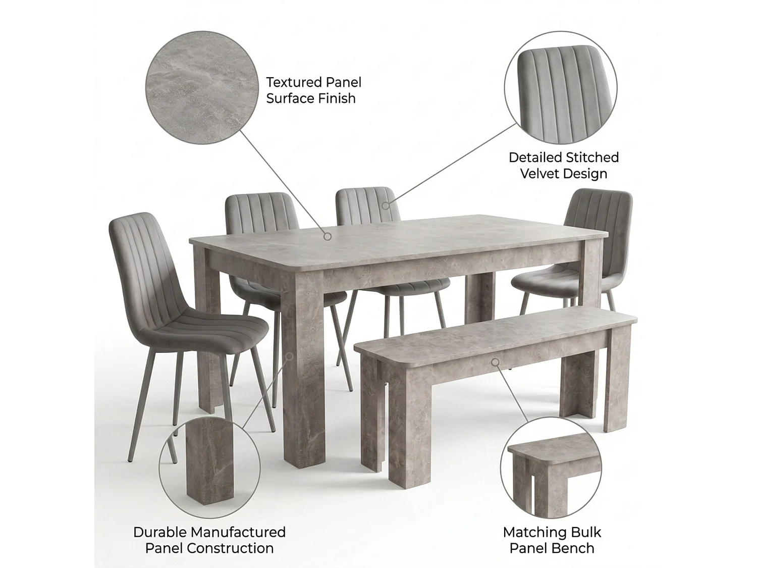 Dining Set with Oak Effect Table, 2 Brown Velvet Chairs and Oak Effect Bench 4 Seater