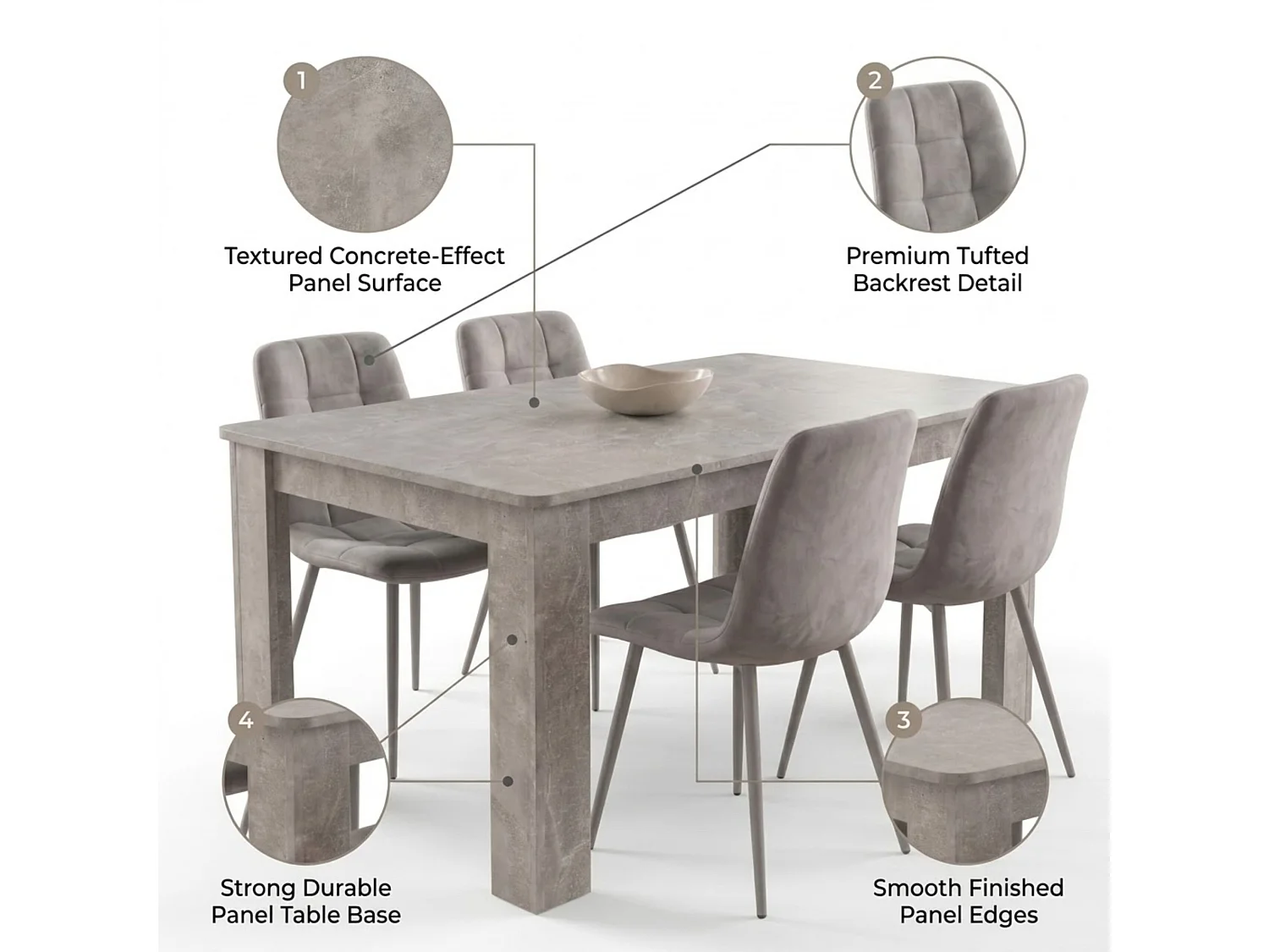 Modern Stone Grey Dining Table Set with 4 Grey Nova Velvet Chairs 4 Seater Kitchen Dining Set