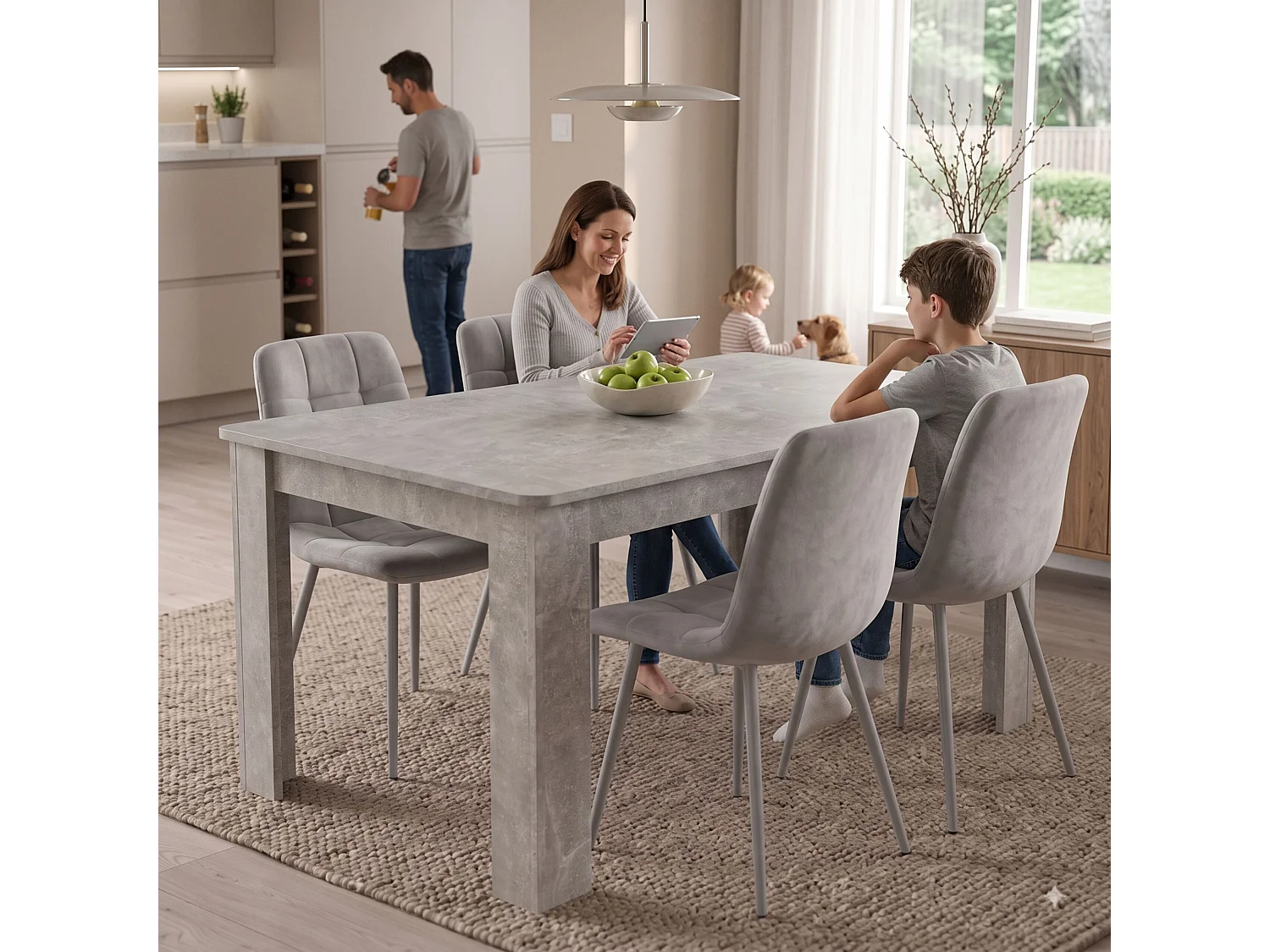 Modern Stone Grey Dining Table Set with 4 Grey Nova Velvet Chairs 4 Seater Kitchen Dining Set