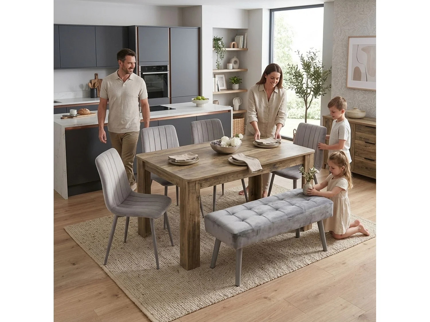 Modern Stone Grey Dining Table Set with 4 Grey Nova Velvet Chairs 4 Seater Kitchen Dining Set