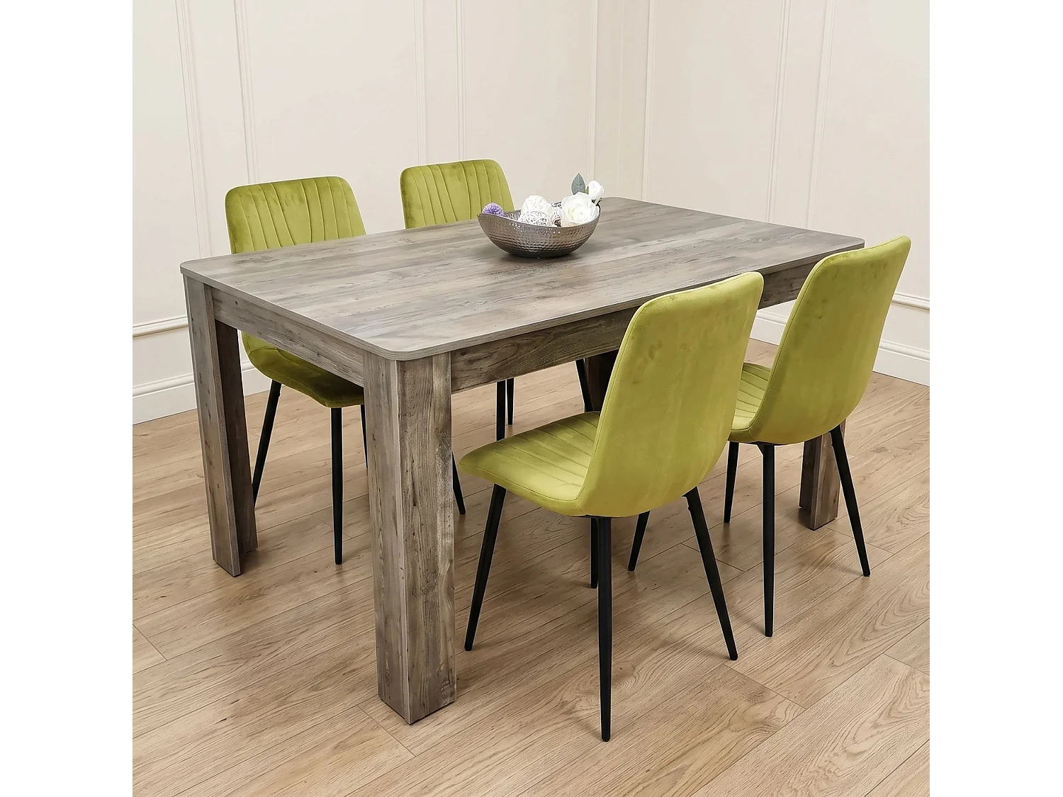 Rustic Wood Effect Dining Table Set with 4 Green Velvet Diamond Chairs 4 Seater Kitchen Dining Set