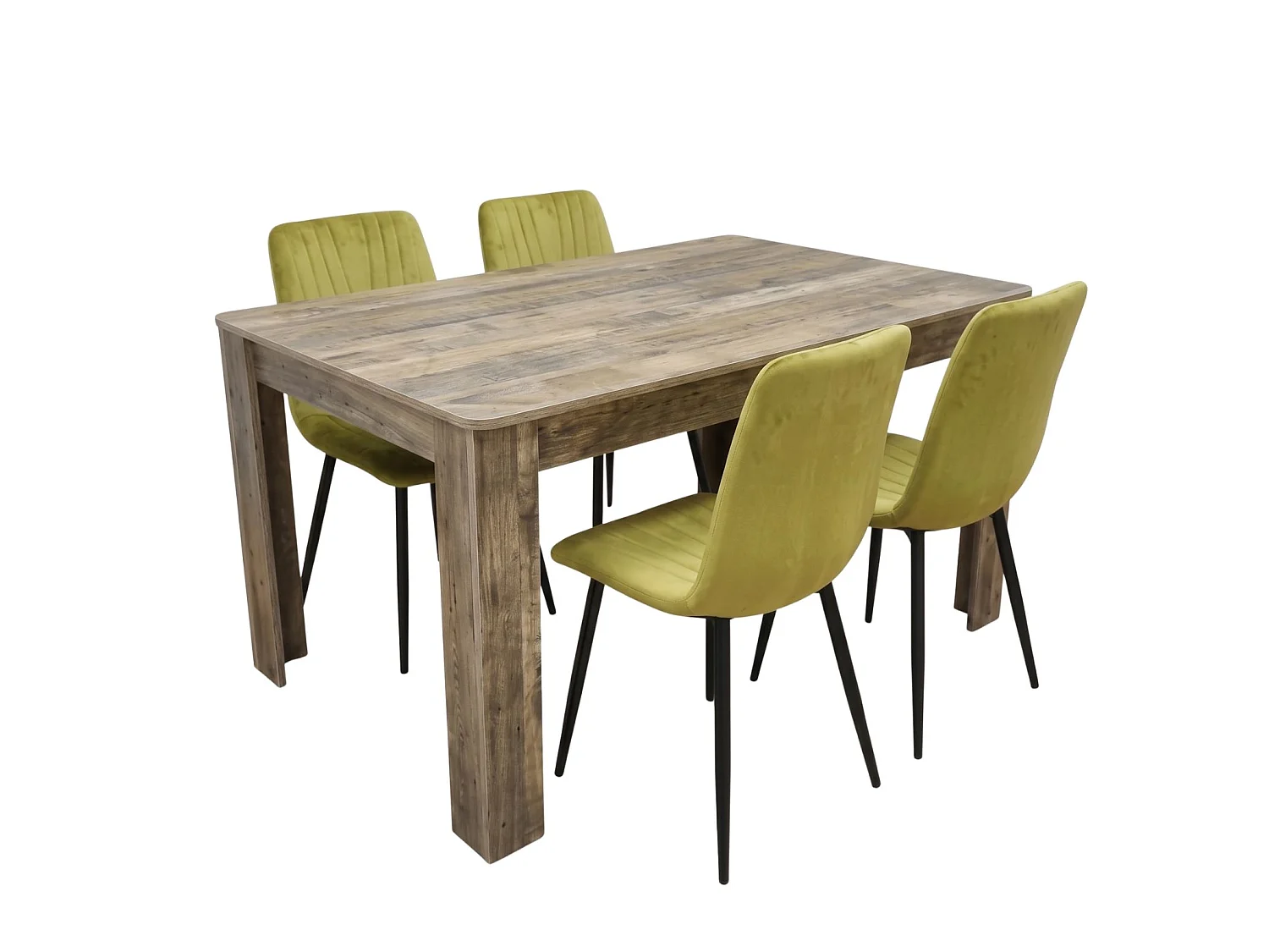 Rustic Wood Effect Dining Table Set with 4 Green Velvet Diamond Chairs 4 Seater Kitchen Dining Set
