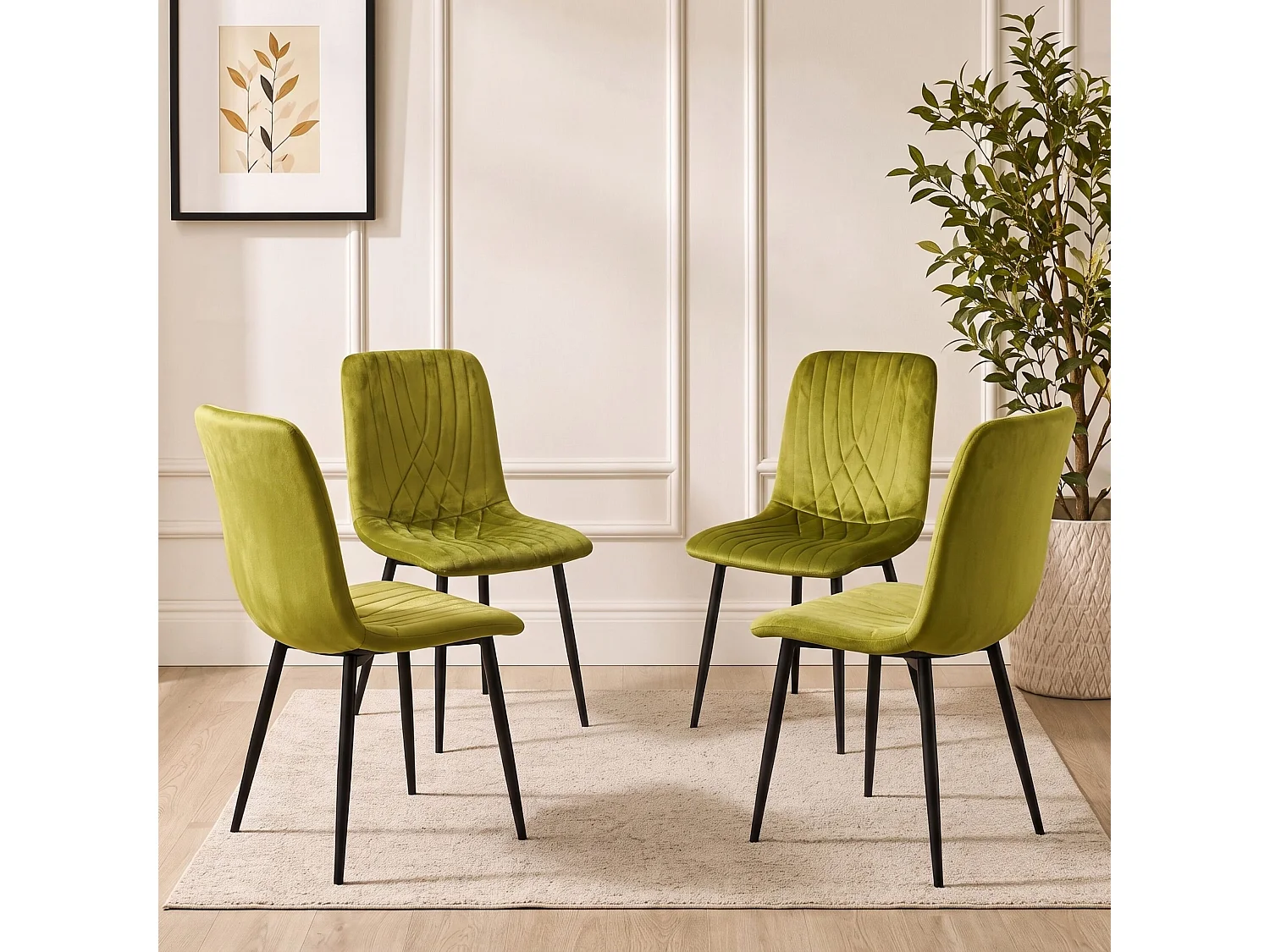 Rustic Wood Effect Dining Table Set with 4 Green Velvet Diamond Chairs 4 Seater Kitchen Dining Set