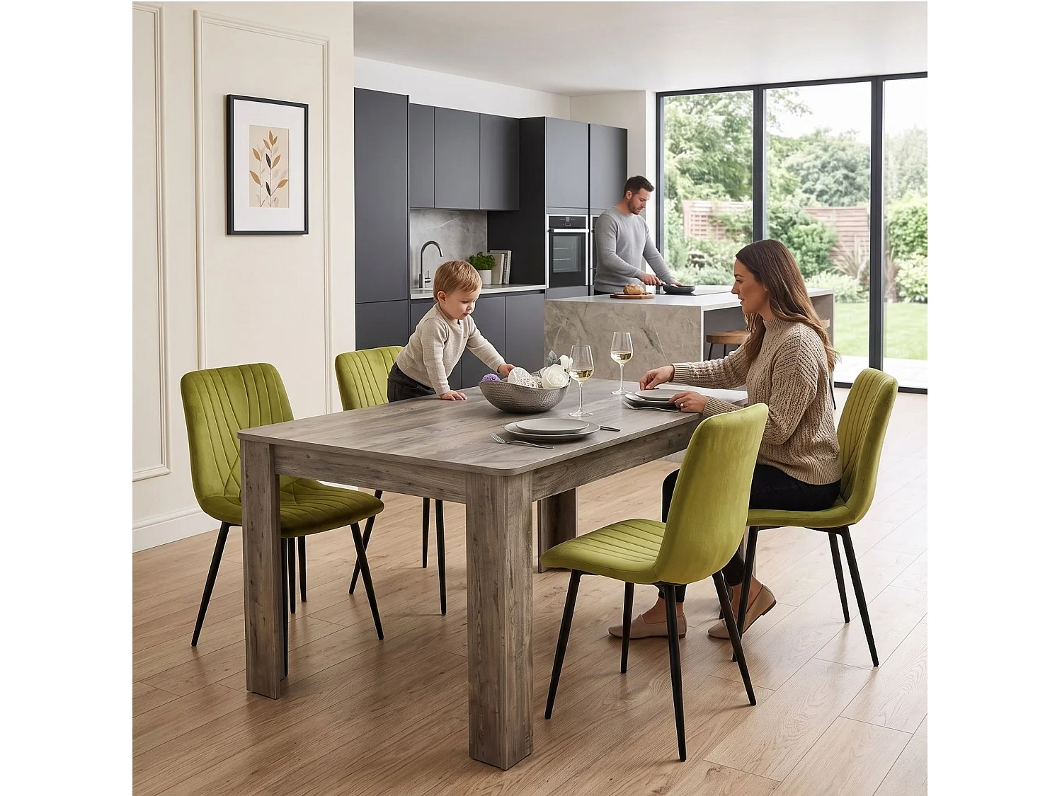 Rustic Wood Effect Dining Table Set with 4 Green Velvet Diamond Chairs 4 Seater Kitchen Dining Set