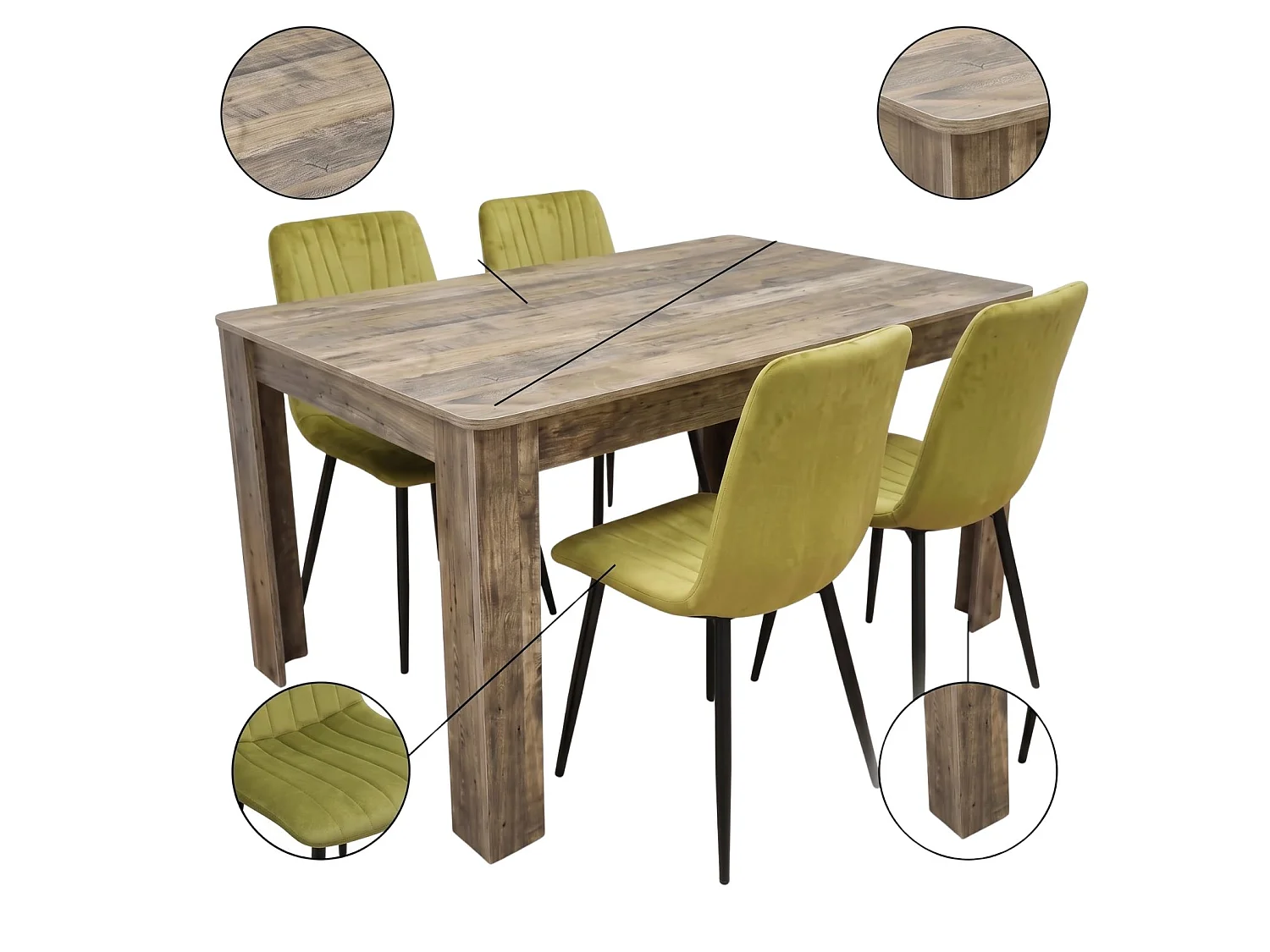 Rustic Wood Effect Dining Table Set with 4 Green Velvet Diamond Chairs 4 Seater Kitchen Dining Set