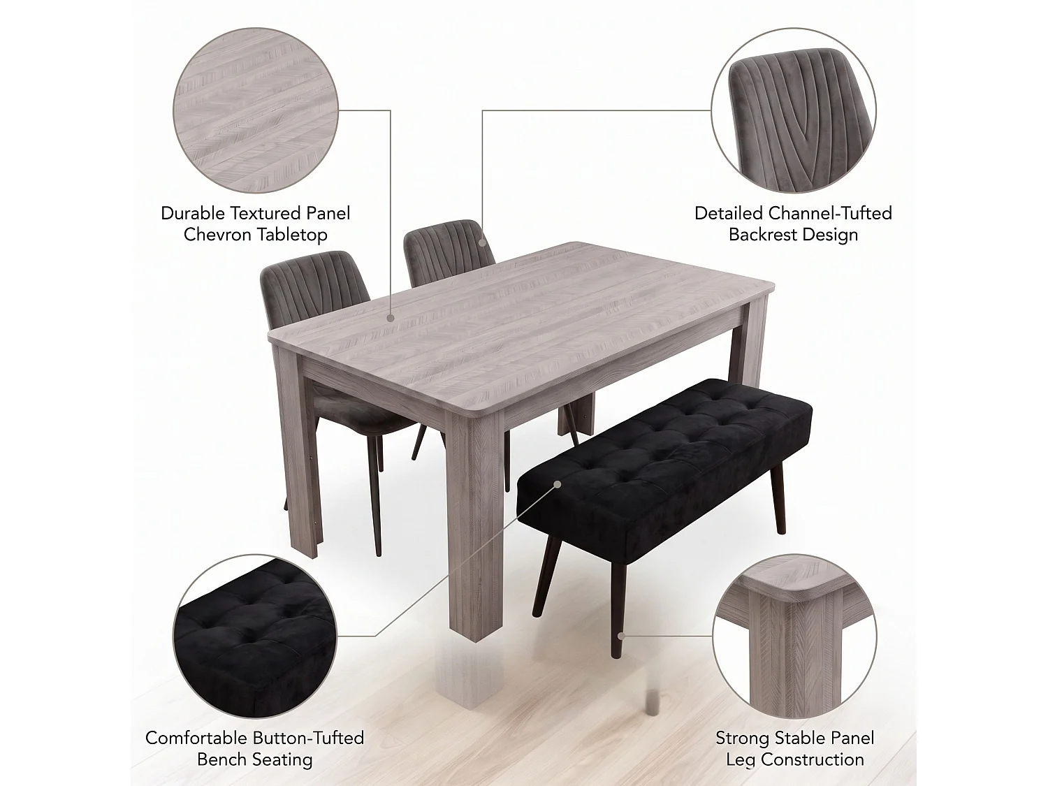 Rustic Wood Effect Dining Table Set with 4 Green Velvet Diamond Chairs 4 Seater Kitchen Dining Set