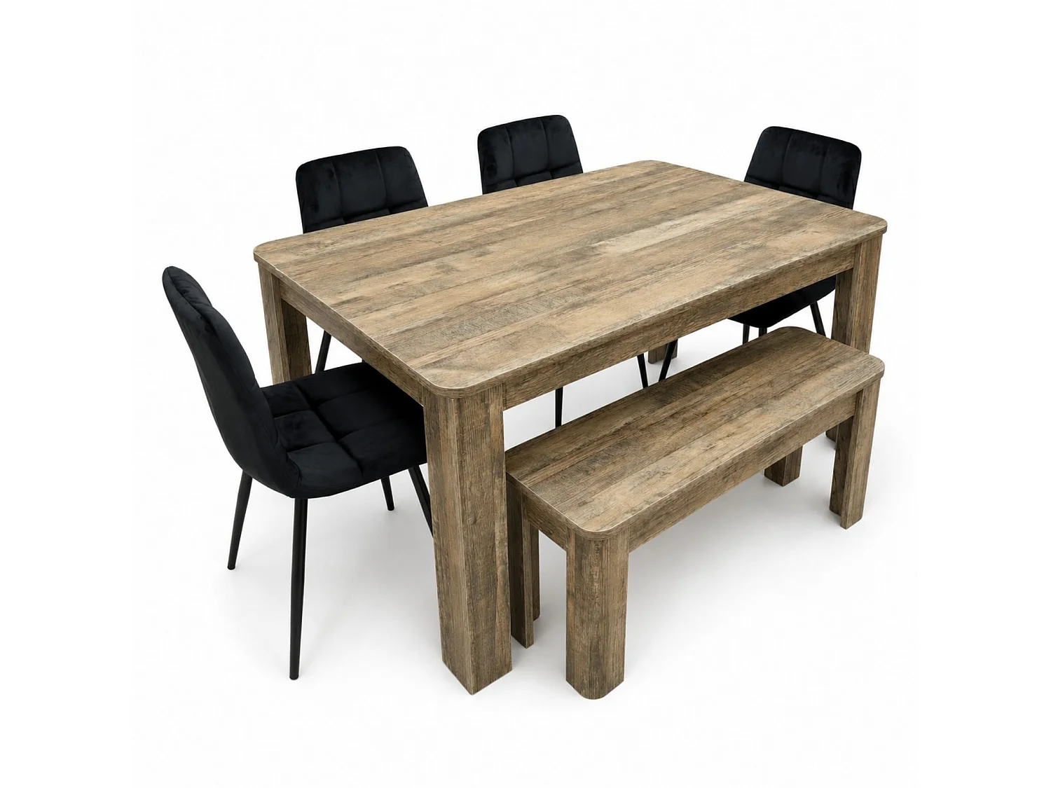 Modern Dining Set with Rustic Wood Effect Table, 4 Black Velvet Chairs and Rustic Bench 6 Seater