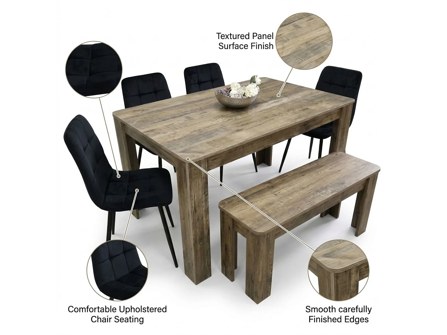 Modern Dining Set with Rustic Wood Effect Table, 4 Black Velvet Chairs and Rustic Bench 6 Seater