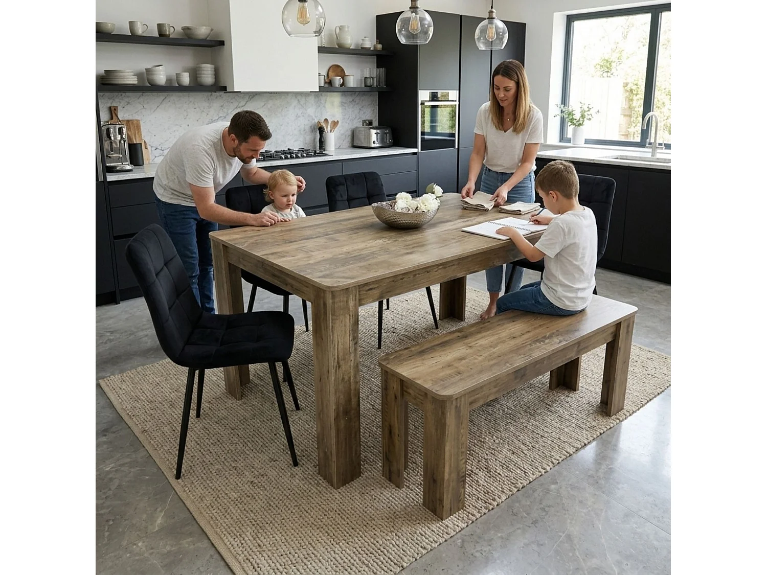 Modern Dining Set with Rustic Wood Effect Table, 4 Black Velvet Chairs and Rustic Bench 6 Seater