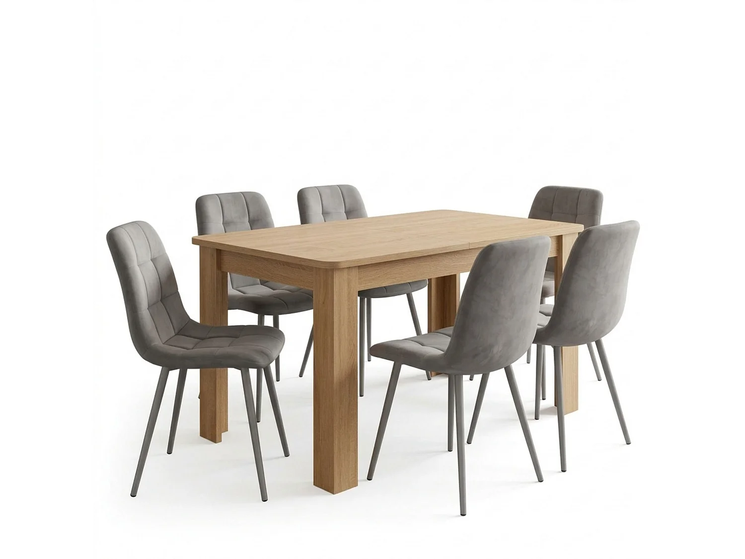 Dining Set with Oak Effect Table and 6 Grey Nova Velvet Chairs 6 Seater for Kitchen