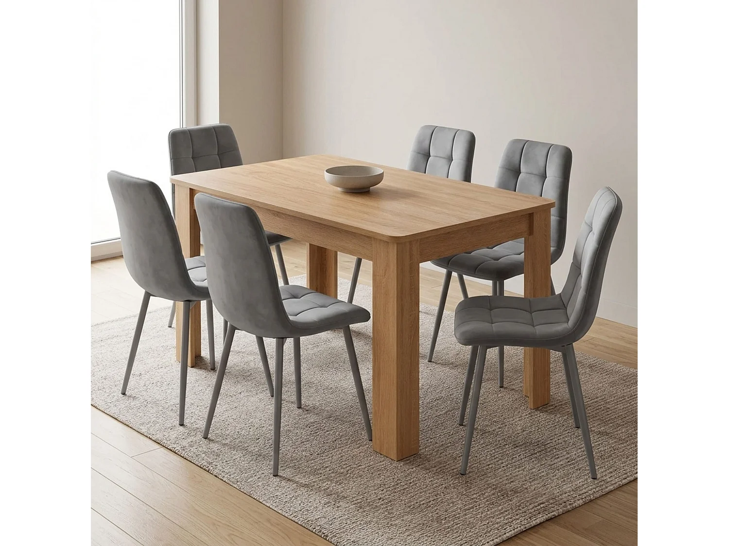 Dining Set with Oak Effect Table and 6 Grey Nova Velvet Chairs 6 Seater for Kitchen