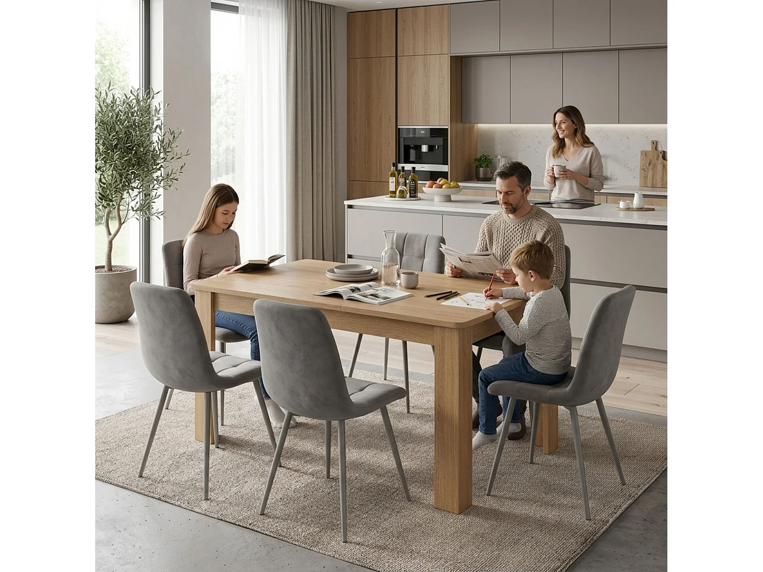 Dining Set with Oak Effect Table and 6 Grey Nova Velvet Chairs 6 Seater for Kitchen