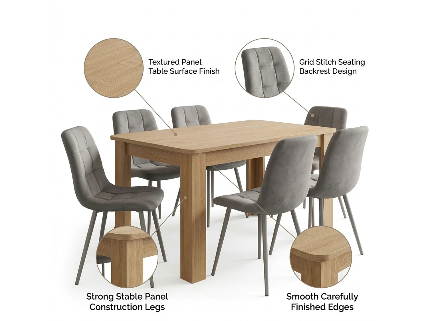 Dining Set with Oak Effect Table and 6 Grey Nova Velvet Chairs 6 Seater for Kitchen