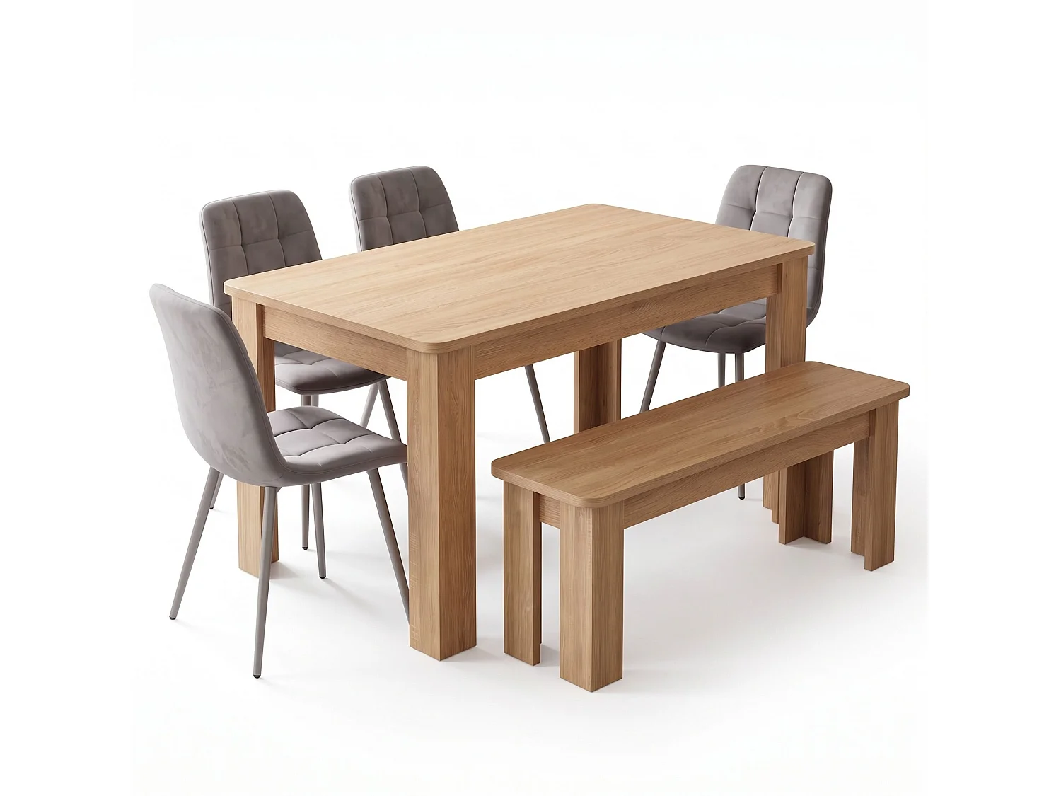 Oak Effect Dining Table Set with 4 Grey Nova Velvet Chairs and Oak Effect Bench 6 Seater