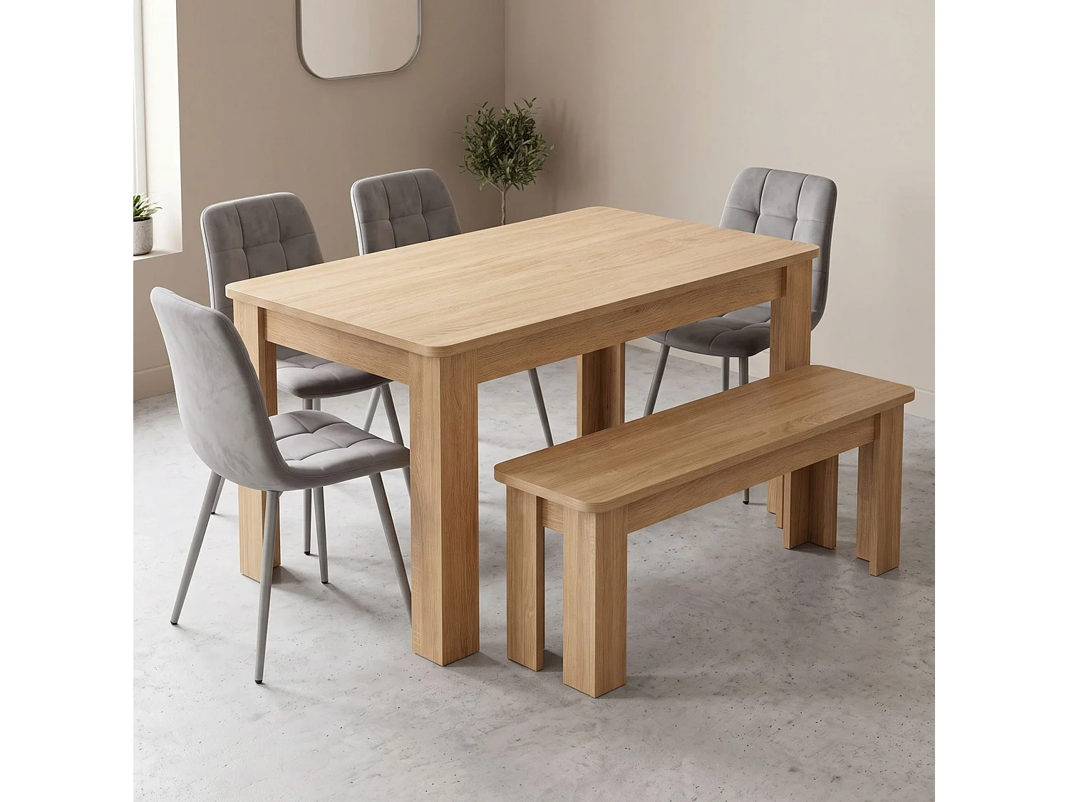 Oak Effect Dining Table Set with 4 Grey Nova Velvet Chairs and Oak Effect Bench 6 Seater