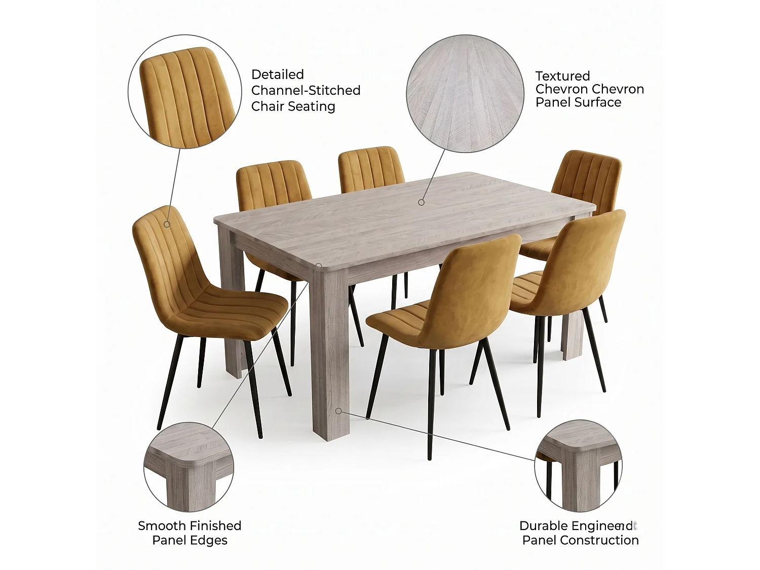 Modern Arrow Grey Dining Table Set with 6 Brown Velvet Chairs 6 Seater Kitchen Dining Furniture Set