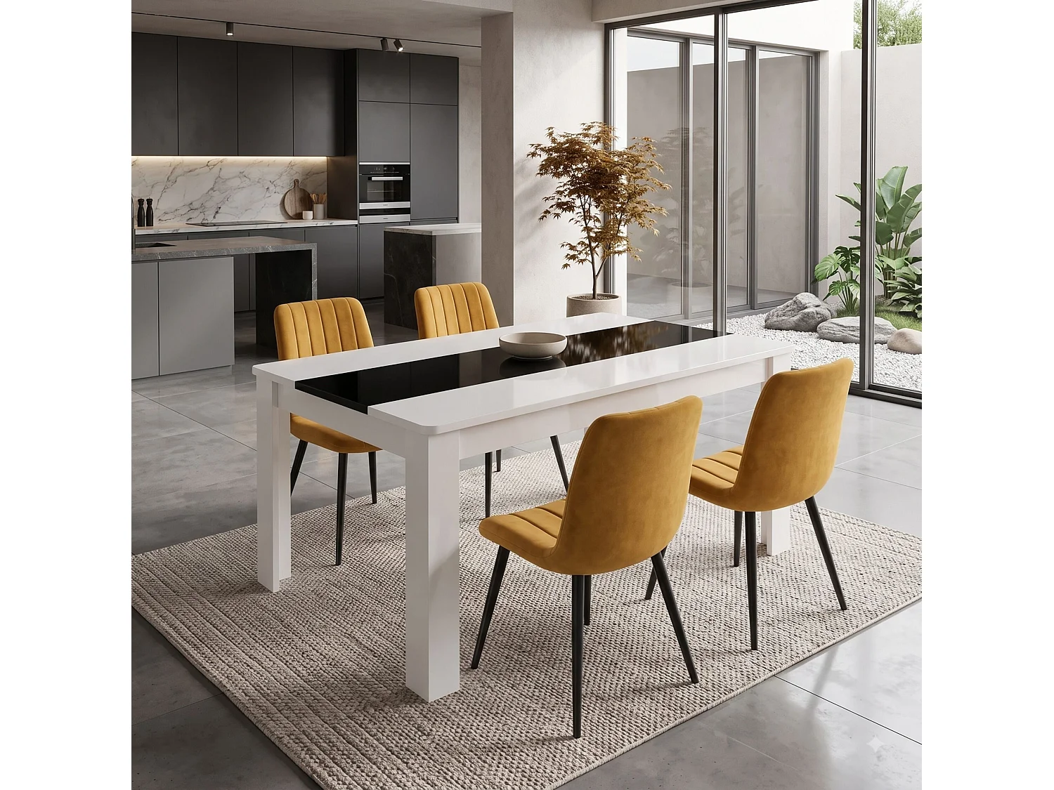 White and Black Dining Table Set with 4 Brown Velvet Chairs 4 Seater Kitchen Dining Furniture Set